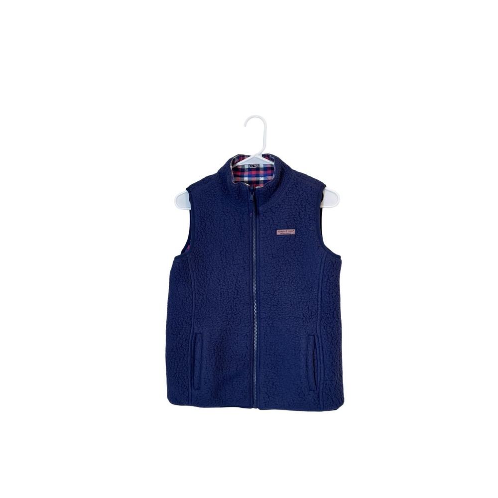 Vineyard Vines Vest Womens Small Reversible Sherpa Quilted Plaid Navy Pink